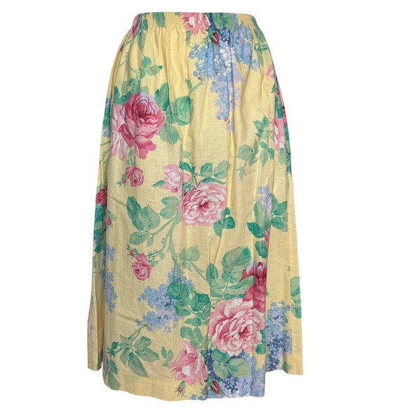 Dresses & Skirts - Vintage Yellow Floral Rose Hydrangea Midi Skirt Small Made USA Cotton Grannycore